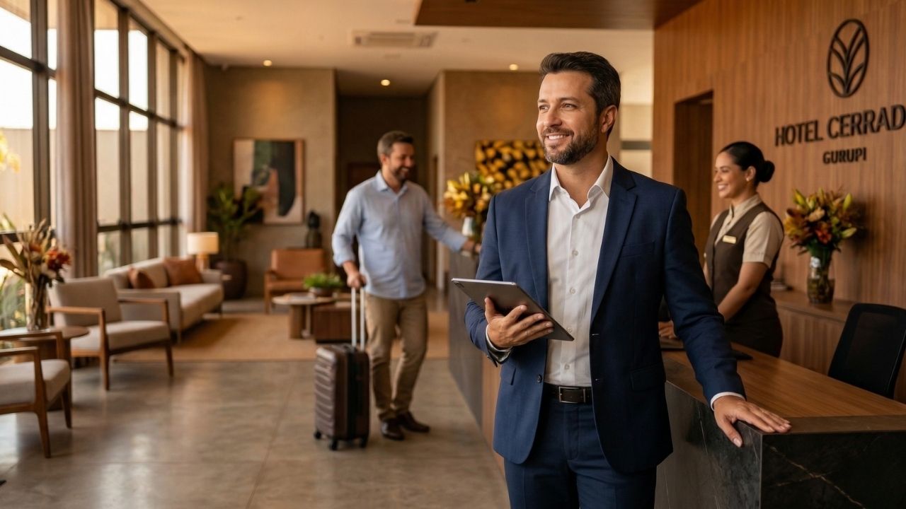 Executivo hoteleiro segurando um tablet no lobby moderno do Hotel em Gurupi, Tocantins. Ele veste blazer azul-marinho e sorri. Ao fundo, um hóspede com mala faz check-in na recepção. Representa liderança em hotelaria independente e corporativa.