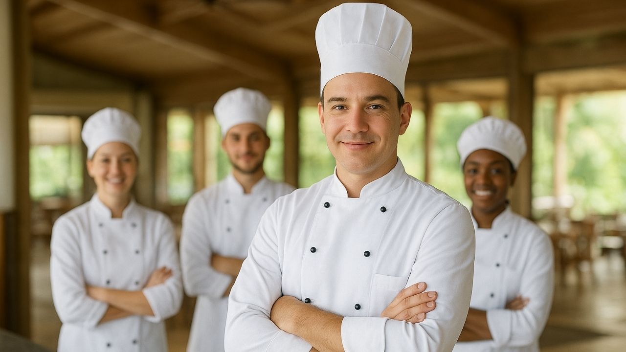 Uma equipe de quatro chefs (três homens e uma mulher) em uniformes completos de cozinha, incluindo toques brancos, posando profissionalmente de braços cruzados e sorrindo. O Chef principal está em primeiro plano. O fundo é um ambiente rústico-elegante de madeira. Ideal para a vaga de Chef de Cozinha em um Resort de prestígio no RS.