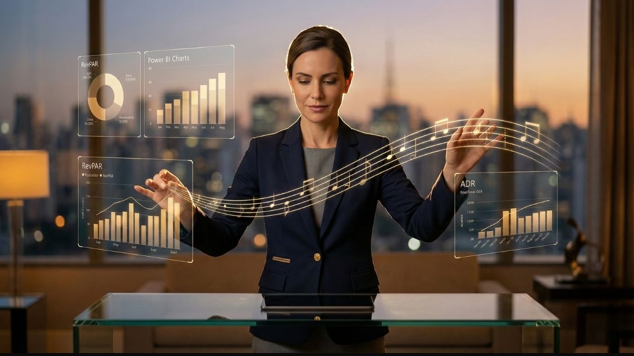 Controller hoteleira interagindo com painéis holográficos de dados financeiros (Power BI, RevPAR, ADR) e notas musicais, ilustrando a sintonia na gestão estratégica.