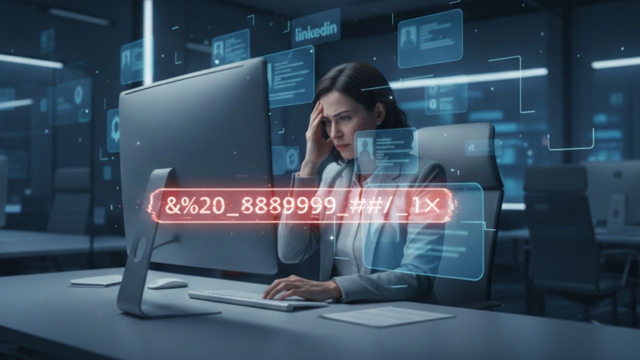 Profissional frustrada diante de um computador que exibe um link do LinkedIn confuso e cheio de caracteres aleatórios.