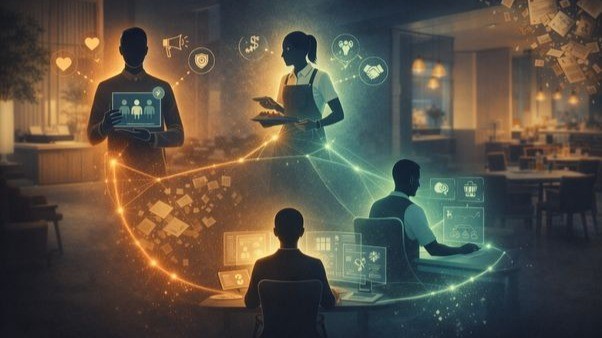 Conexão de talentos na hospitalidade: ilustração de profissionais interligados por competências comportamentais e inteligência emocional