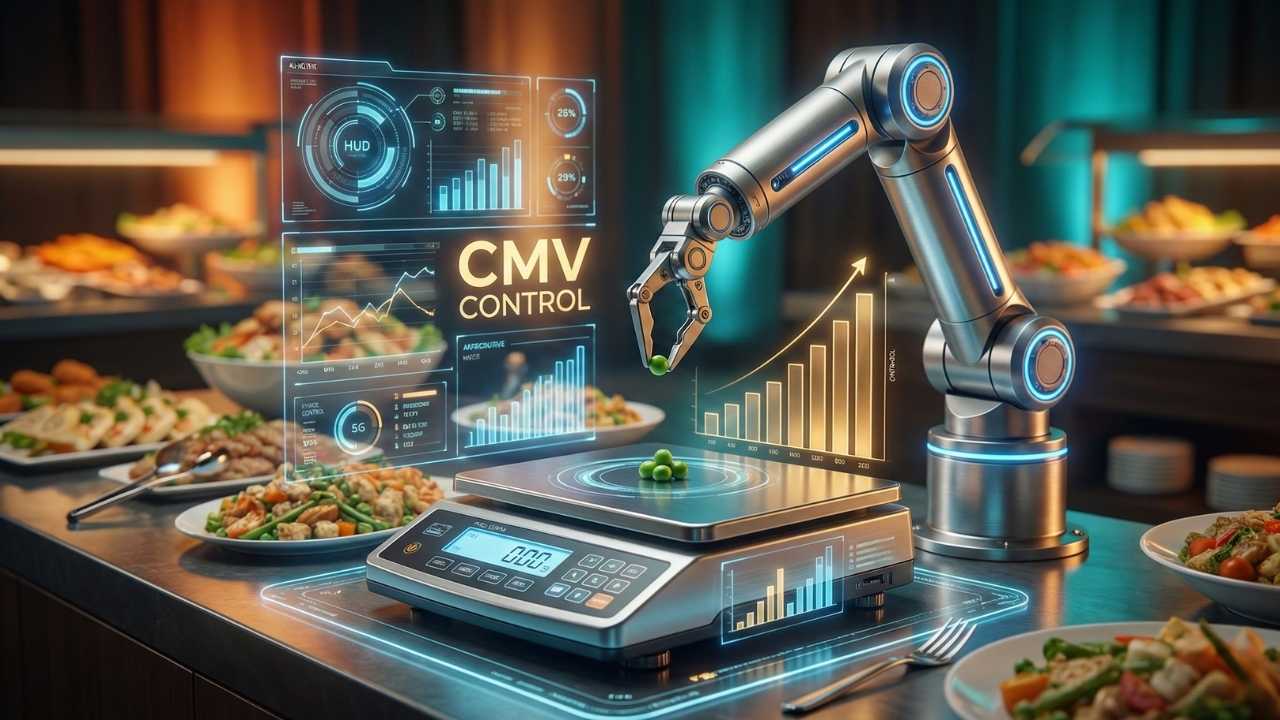 Braço robótico e balança digital realizando controle de CMV em buffet de resort all-inclusive.