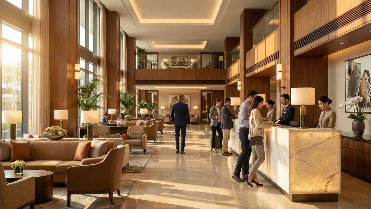 Lobby movimentado e sofisticado com equipe de recepção atendendo hóspedes, representando a rotina e o ambiente de trabalho de um Gerente Operacional de Hotel.