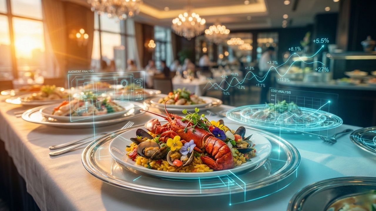 Prato sofisticado de lagosta em restaurante de resort all-inclusive, sobreposto por interfaces digitais de análise de custos e gráficos de crescimento de rentabilidade em A&B.
