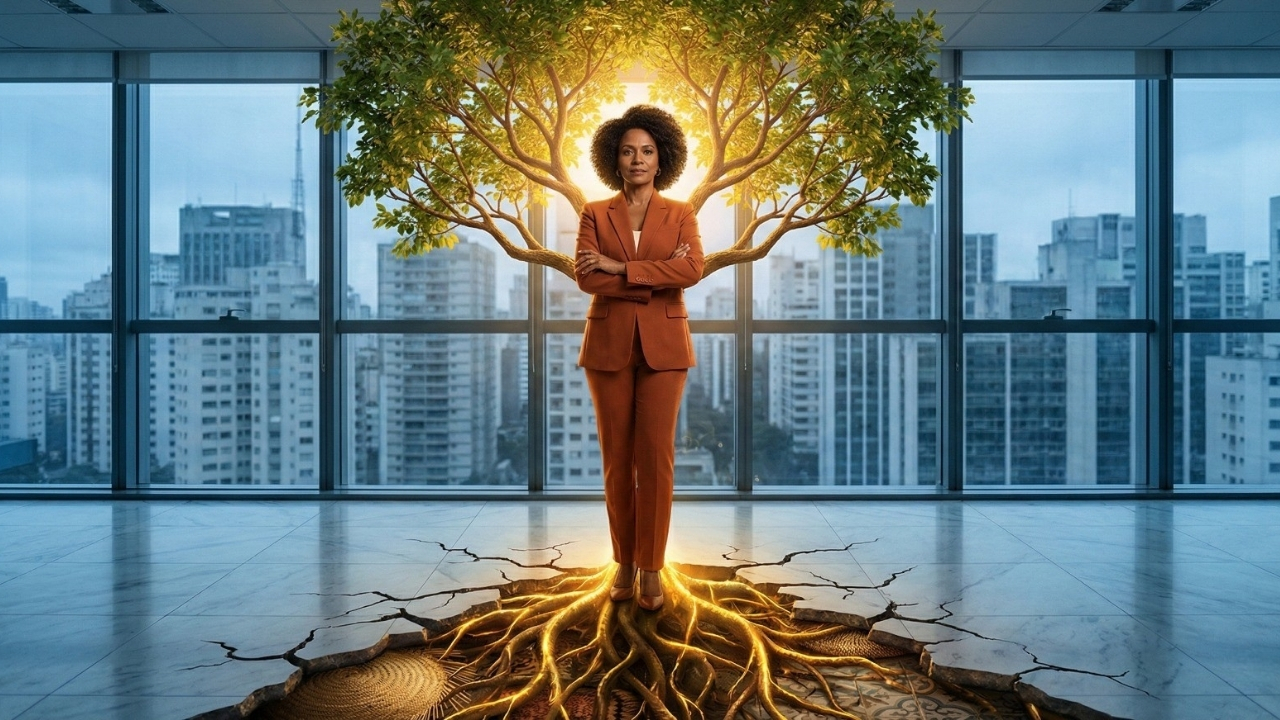 Executiva em escritório corporativo com raízes de árvore douradas rompendo o chão de concreto, simbolizando a força da senioridade e vivência operacional no Revenue Management hoteleiro.