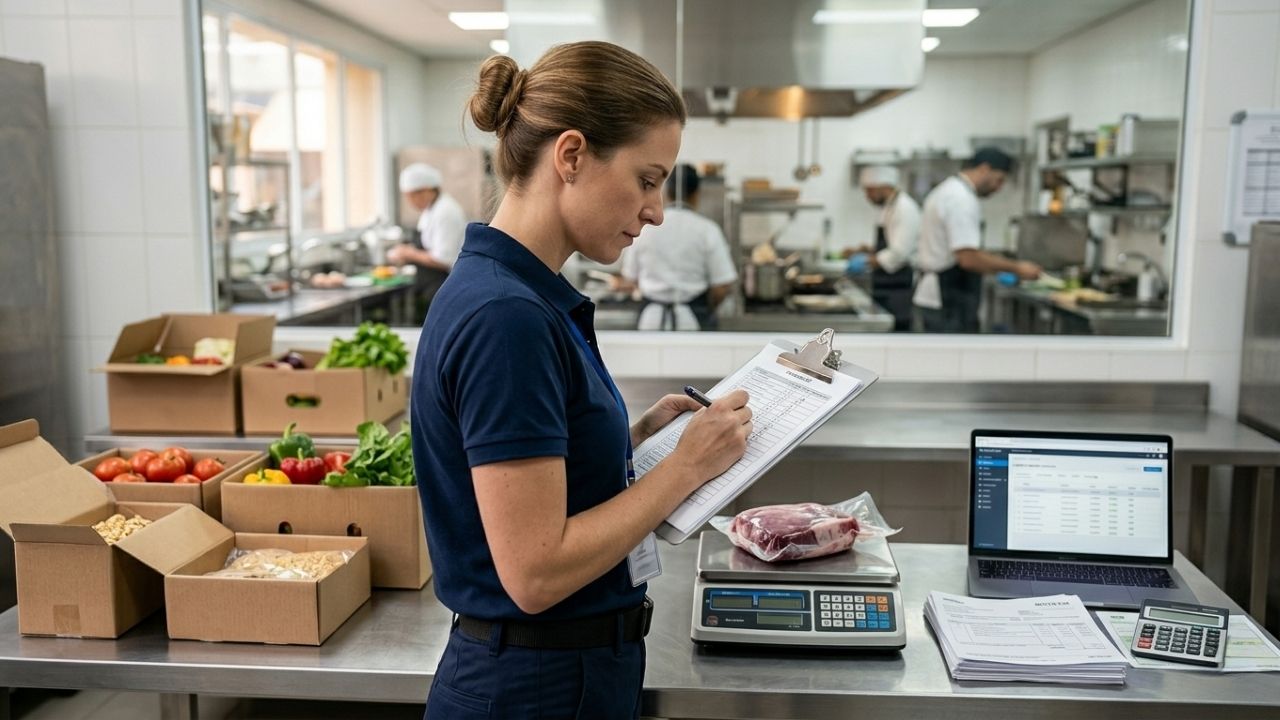 Auxiliar Administrativo de Restaurante metódica e focada, em torno de 30 anos, de uniforme escuro e crachá, faz conferência rigorosa em um checklist impresso e laptop. Ela está em pé na área de recebimento blindado de mercadorias do restaurante. Sobre a bancada de aço inox, há uma balança profissional pesando uma peça de carne, Notas Fiscais organizadas e caixas de insumos. Ao fundo, chefs trabalham na cozinha. Foco na prevenção de perdas e rigor administrativo.