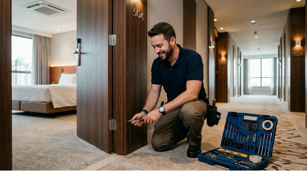 Auxiliar de manutenção predial sorridente de uniforme azul marinho usando chave de fenda na dobradiça da porta número 504 no corredor moderno de um hotel executivo em Porto Alegre. Uma caixa de ferramentas aberta está no chão ao lado dele. Representa a vaga da QI Profissional.