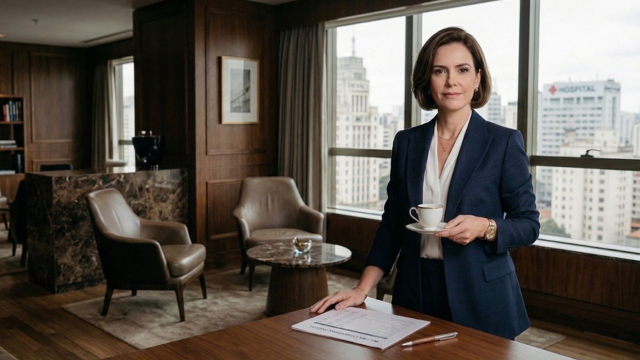 Mulher executiva de blazer azul-marinho segurando uma xícara de café, em um escritório corporativo sofisticado com vista para o centro de São Paulo. Em primeiro plano, uma mesa de madeira com uma planilha estratégica e uma caneta. Representa liderança hoteleira e gestão de ativos.