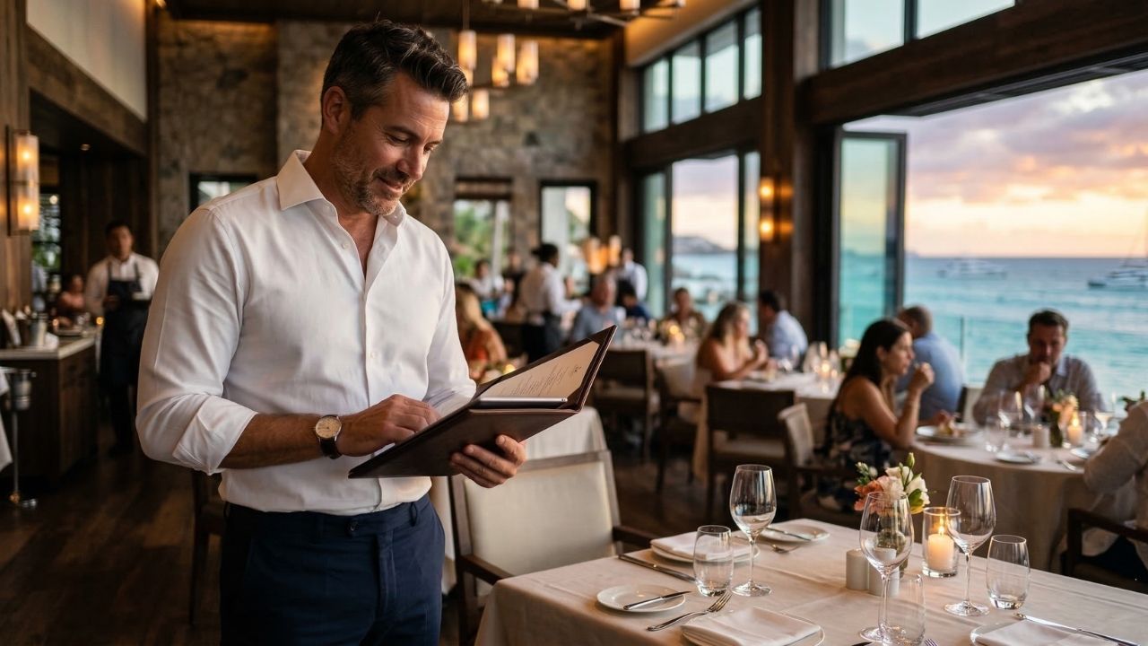 Gerente de restaurante sênior em ambiente sofisticado de hospitalidade em Ubatuba, representando liderança operacional e foco em excelência.