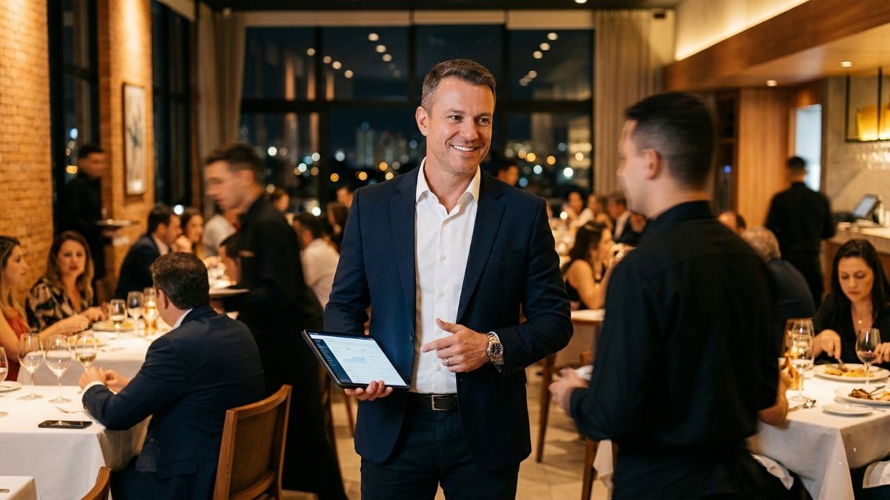 Líder de Operações de Restaurante de terno azul-marinho sorridente segura um tablet e aponta para ele com o dedo, demonstrando dados operacionais. Ele está de pé no salão de um restaurante sofisticado e movimentado à noite, cercado por mesas cheias de clientes e garçons de camisa preta ao fundo. Wall de tijolos e vista noturna da cidade pela janela. Representa liderança hoteleira e gestão de salão corporativa.
