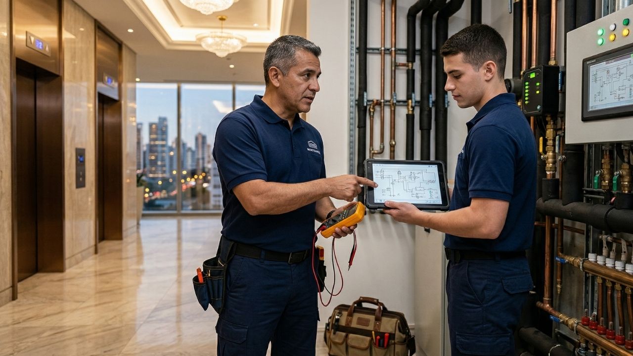 Dois técnicos de manutenção em um corredor de hotel de luxo com mármore e lustre. O técnico sênior, com cinto de ferramentas, aponta para esquemas em um tablet segurado pelo técnico júnior perto de um painel elétrico aberto e tubulações. Visão do horizonte da cidade pela janela. Representa liderança técnica em hotelaria corporativa.