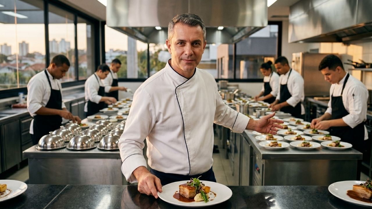 Chef executivo grisalho em dólmã branco fazendo gesto de boas-vindas e segurando um prato finalizado de barriga de porco (pork belly). Ao fundo, uma brigada de cozinha profissional diligentemente trabalhando em bancadas de aço inoxidável com vista urbana de Campinas, SP, através de grandes janelas panorâmicas. Estética fotorrealista e executiva para recrutamento de alta gastronomia hoteleira.