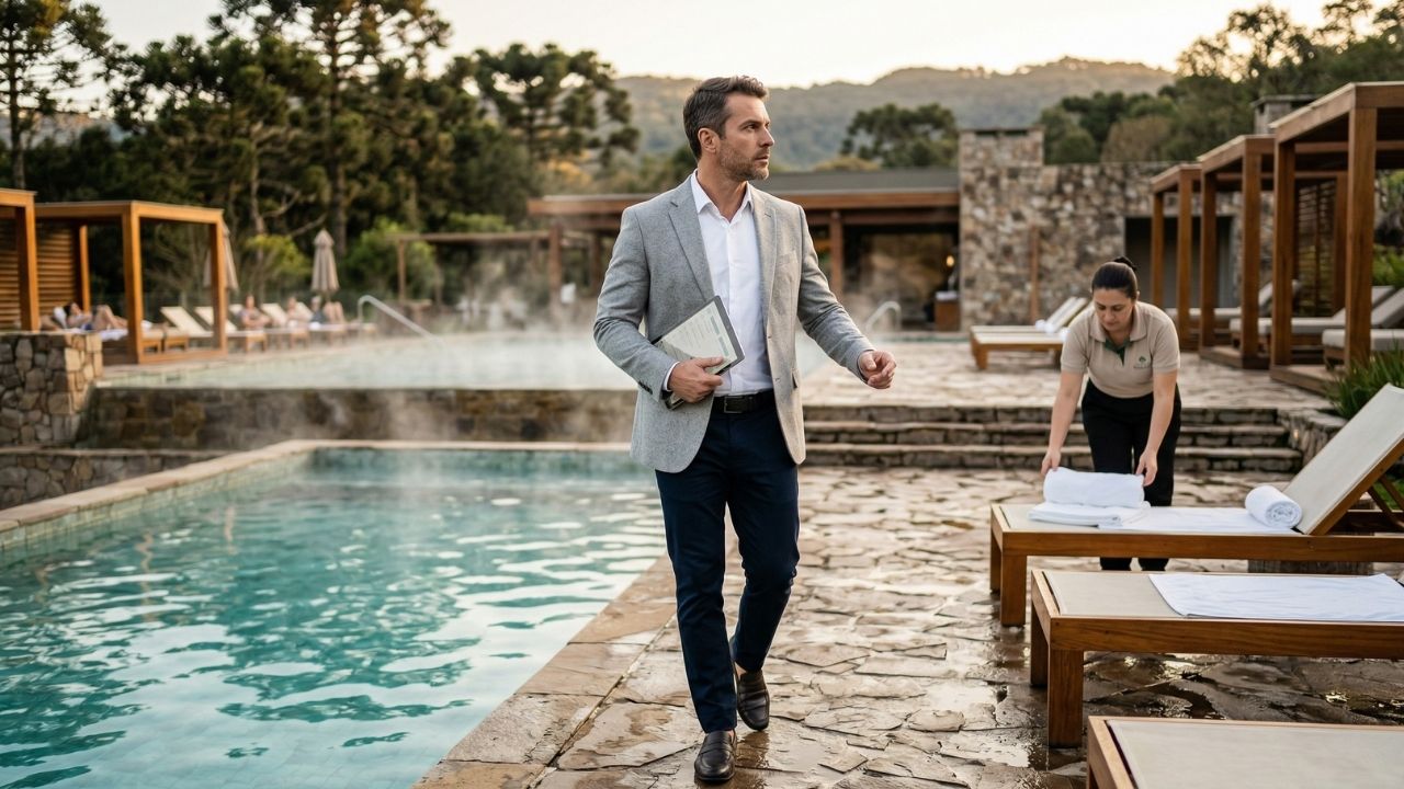 Gerente Operacional de Resort com postura de liderança supervisionando a área das piscinas termais. Gestor hoteleiro segura um tablet, com olhar clínico para os detalhes da operação. Ao fundo, funcionário organiza toalhas nas espreguiçadeiras, com araucárias típicas do Rio Grande do Sul compondo a paisagem.
