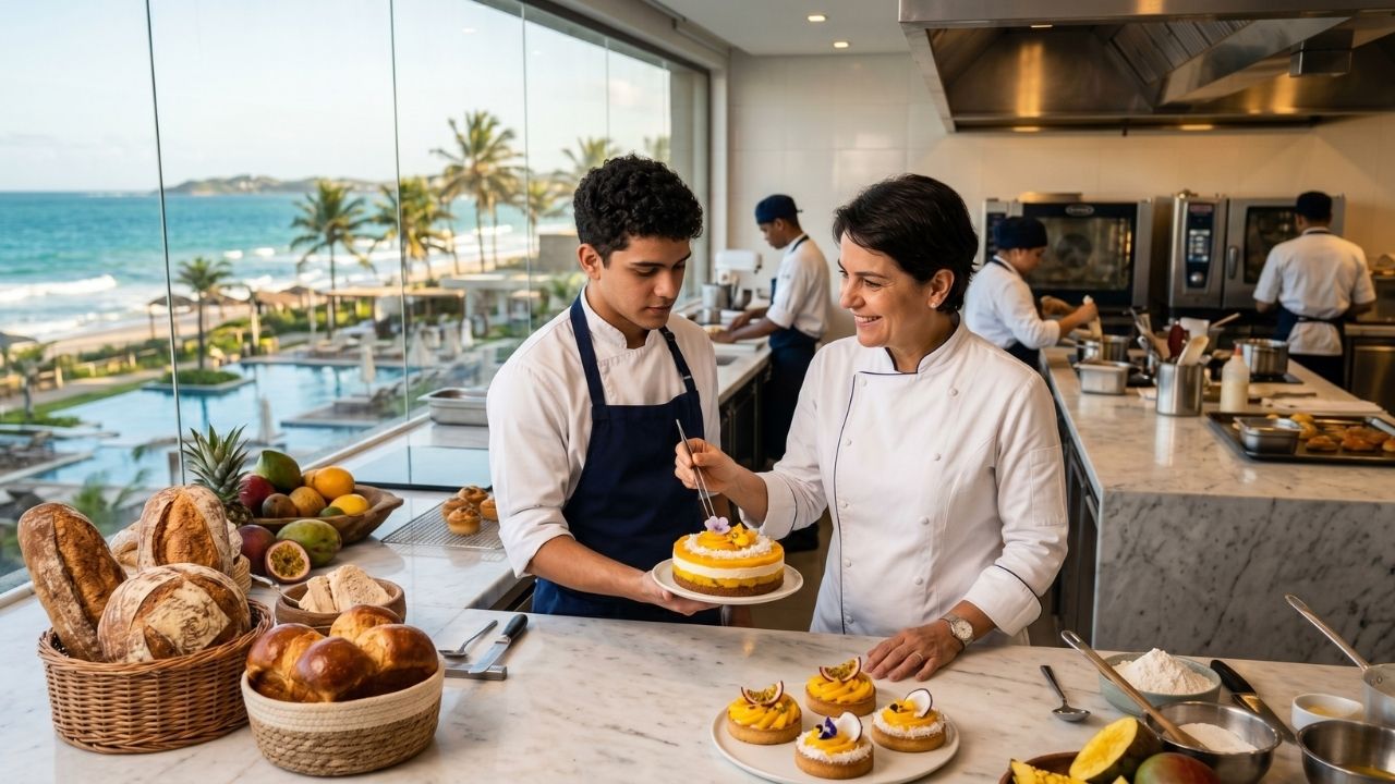 Chef líder de confeitaria sorrindo enquanto finaliza a decoração de um bolo tropical com uma pinça, auxiliada por um assistente jovem, em uma bancada de mármore de uma cozinha profissional. Em primeiro plano, destacam-se pães rústicos em uma cesta, brioches, tortas pequenas e frutas frescas. Ao fundo, amplas janelas de vidro revelam a piscina de um resort e a vista para o mar, enquanto outros membros da equipe trabalham nos fornos industriais.