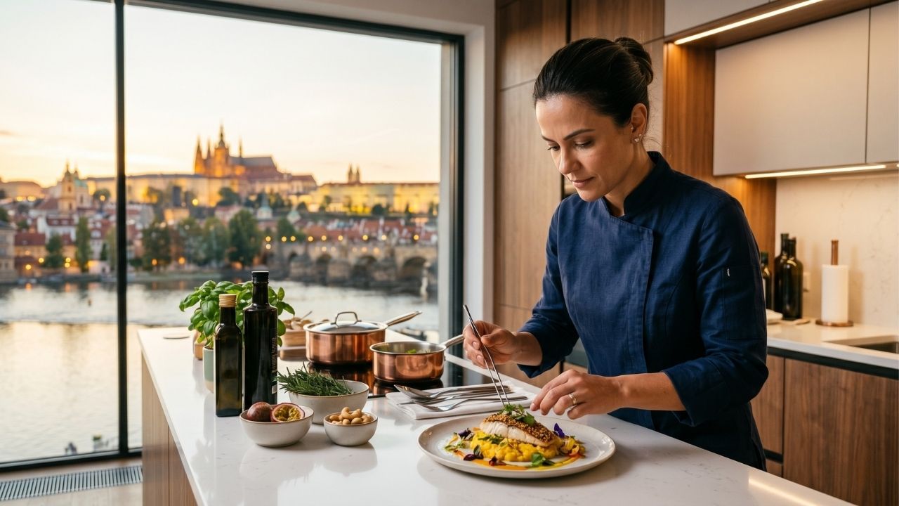 Uma cozinheira particular sênior, vestindo dólmã azul profissional, finalizando a empratagem de um peixe grelhado com guarnição de maracujá e amêndoas sobre um balcão moderno. Através da grande janela ao fundo, vê-se uma vista panorâmica icônica de Praga, República Tcheca, com o Rio Vltava, Ponte Carlos e o Castelo de Praga ao entardecer.
