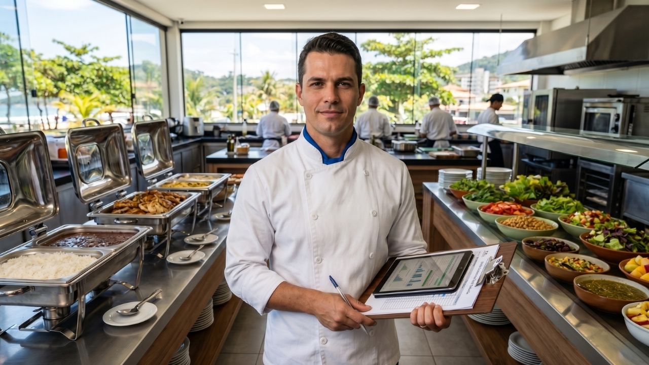 Chefe de cozinha focado e disciplinado, vestindo dólmã branco, segurando um tablet de gestão. Ele está em pé à frente de uma linha de buffet self-service impecável e bem iluminada. O ambiente possui luz natural clara, remetendo ao clima diurno de um restaurante no litoral de Ubatuba, SP.