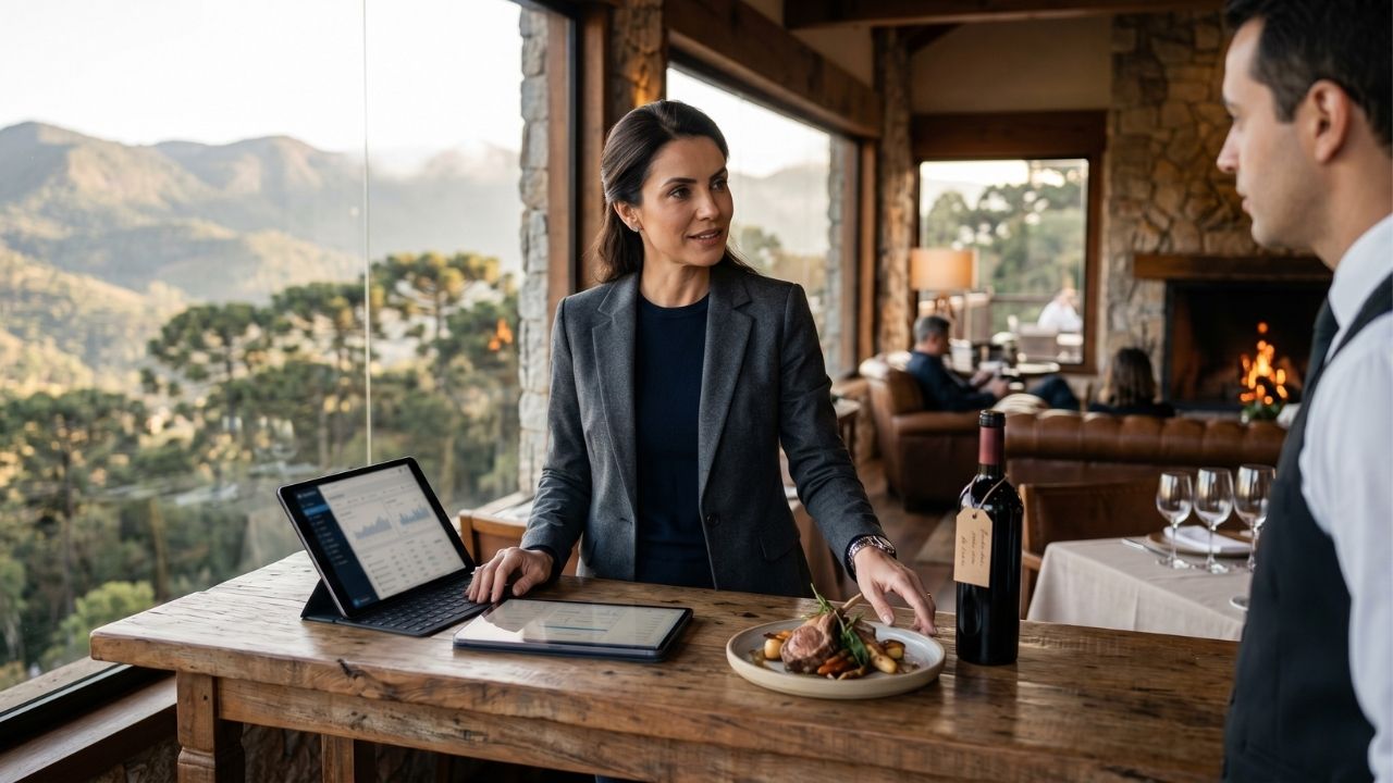 Fotografia executiva de uma Gerente de Alimentos e Bebidas (A&B) em um hotel boutique de luxo. Ela veste um blazer cinza elegante e orienta um garçom. Sobre o balcão rústico de madeira, há tablets exibindo gráficos de gestão financeira, um prato de alta gastronomia e uma garrafa de vinho artesanal. Ao fundo, um ambiente acolhedor com lareira acesa e amplas janelas de vidro revelam uma vista panorâmica para as montanhas e araucárias de Campos do Jordão, SP.