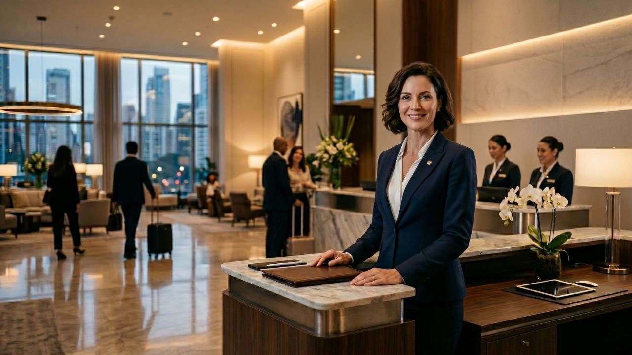 Fotografia executiva de uma Gerente de Recepção sorridente, vestindo terno escuro, posicionado junto a um elegante balcão de mármore em um lobby de hotel de alto padrão. Ao fundo, recepcionistas uniformizadas atendem hóspedes, e amplas janelas de vidro exibem uma paisagem urbana metropolitana. Imagem representativa para a vaga confidencial de Gerente de Recepção em São Paulo, SP, conduzida pela QI Profissional.