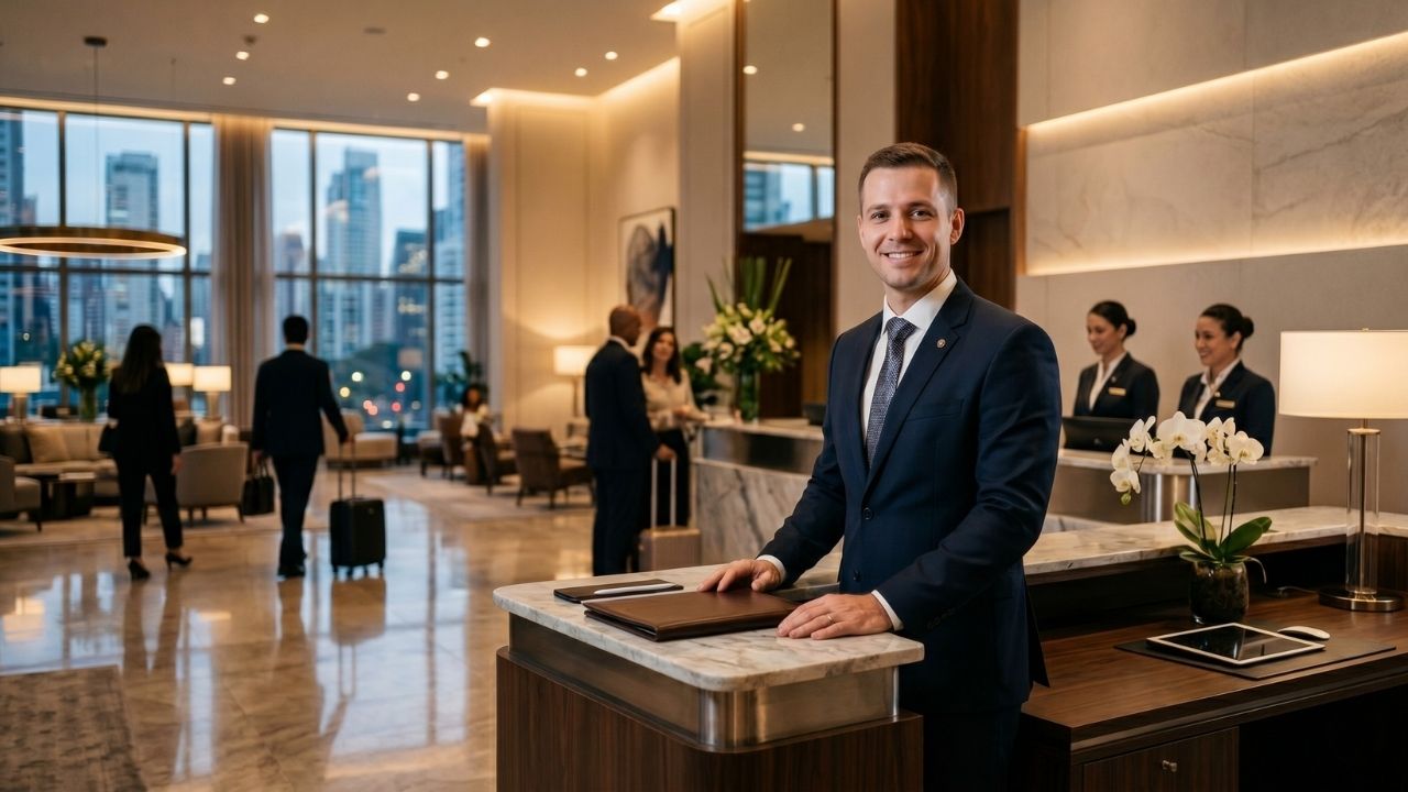 Fotografia executiva de um Gerente de Recepção sorridente, vestindo terno escuro e gravata, posicionado junto a um elegante balcão de mármore em um lobby de hotel de alto padrão. Ao fundo, recepcionistas uniformizadas atendem hóspedes, e amplas janelas de vidro exibem uma paisagem urbana metropolitana. Imagem representativa para a vaga confidencial de Gerente de Recepção em São Paulo, SP, conduzida pela QI Profissional.
