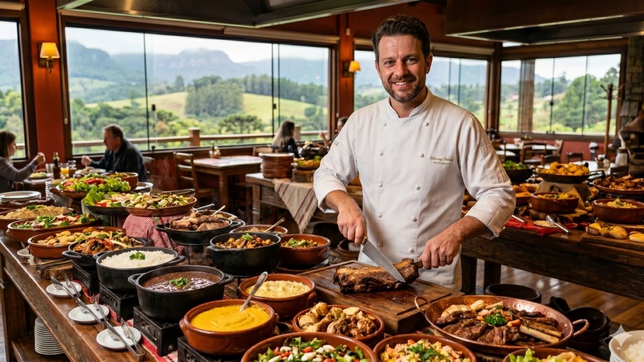 Fotografia de um Subchefe de Cozinha operacional servindo um buffet extremamente farto com carnes, massas e pratos típicos da culinária regional do Sul do Brasil. Imagem representativa para vaga de emprego em resort no Rio Grande do Sul pela QI Profissional.