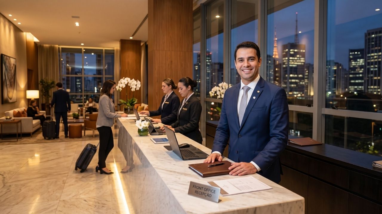 Fotografia executiva de um Chefe de Recepção sorridente, vestindo terno azul e gravata, posicionado em um elegante balcão de mármore com a placa 'Front Office'. Ao fundo, recepcionistas uniformizadas atendem hóspedes em um lobby de hotel de alto padrão, com amplas janelas exibindo a vista noturna dos prédios de São Paulo. Imagem representativa para a vaga executiva conduzida pela QI Profissional.
