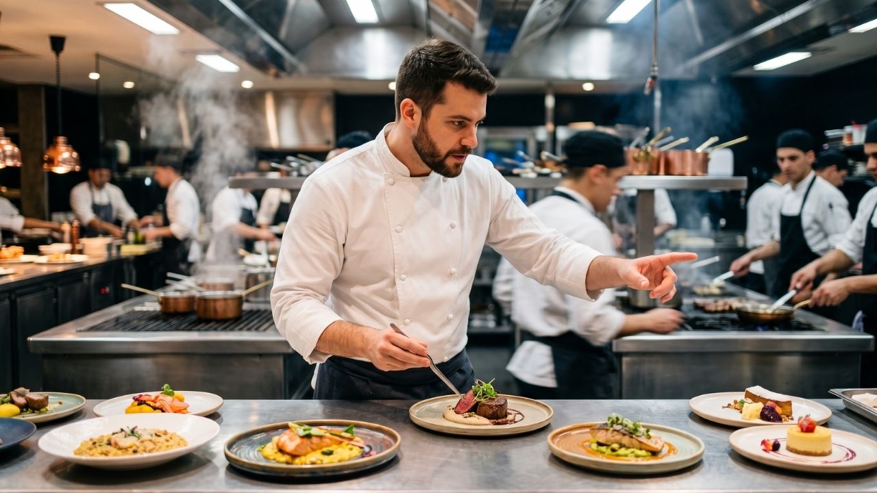 Fotorrealismo editorial de um jovem Subchefe de Cozinha, de barba e dólmã branca, em uma cozinha industrial de hotel. Ele aponta para a brigada em ação ao fundo, enquanto finaliza com pinça a apresentação de um prato de filé mignon. À frente, um balcão com diversas preparações finalizadas e coloridas (peixe, risoto, sobremesas). Imagem para a vaga de Subchefe de Cozinha em hotel de Campinas, SP, conduzida pela QI Profissional.