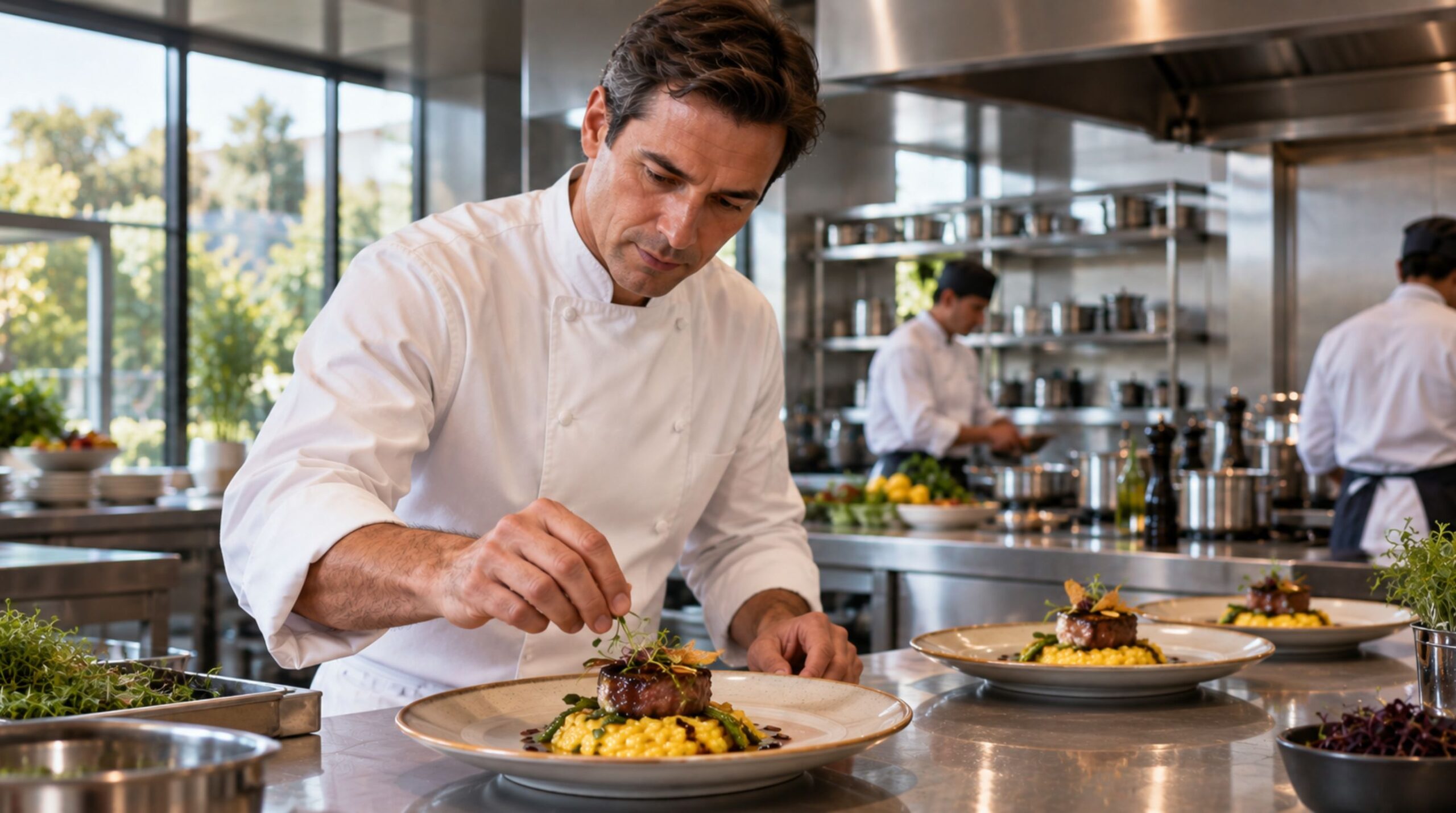 Fotografia de um Chef de Cozinha com dólmã branco, focado na finalização e montagem de um prato sofisticado. Ele está em uma cozinha profissional moderna, com bancadas de aço inox e grandes janelas de vidro ao fundo mostrando a natureza. Outros membros da equipe trabalham ao fundo. Imagem ilustrativa para vaga de Chef de Cozinha em Hotel Boutique de Extrema, MG.